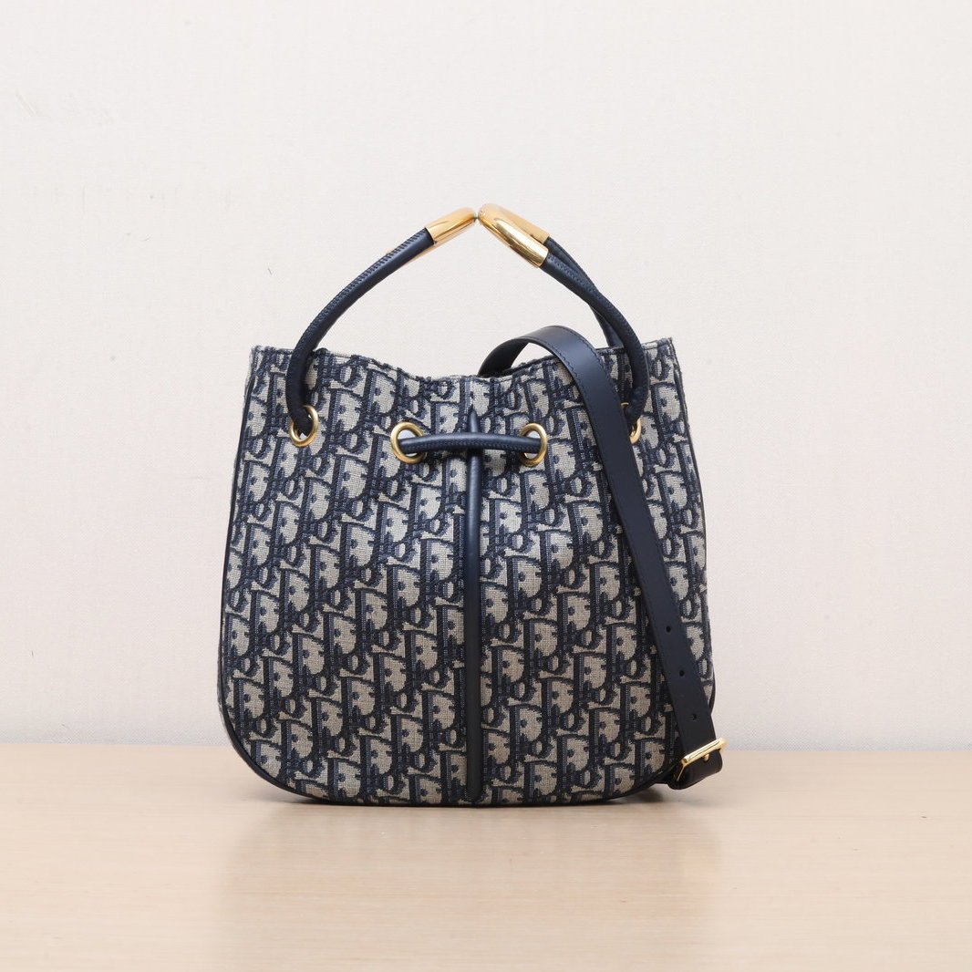 DIOR Ink blue canvas, gold hardware, 2024 Bucket Bag Nolita, Hanging Basket Bag with detachable shoulder strap