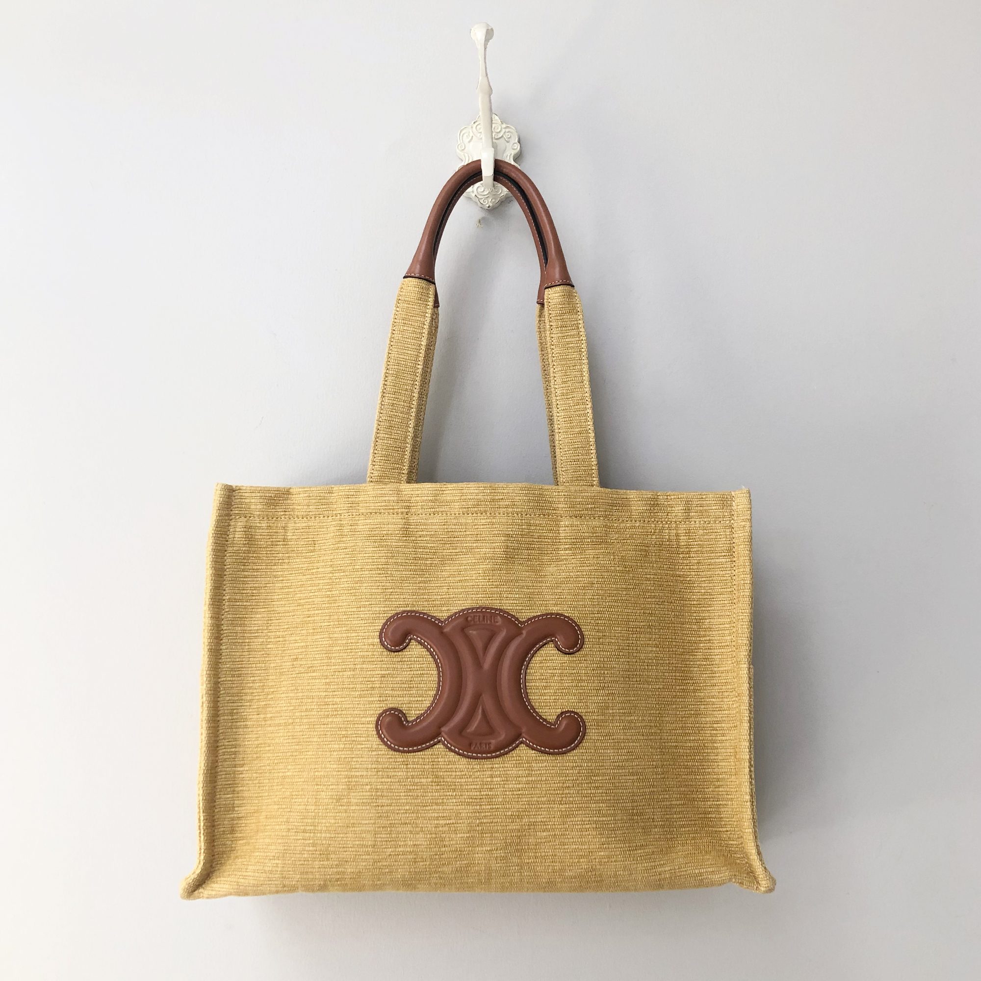 Celine Beige Woven Calfskin Triomphe Shopping Bag