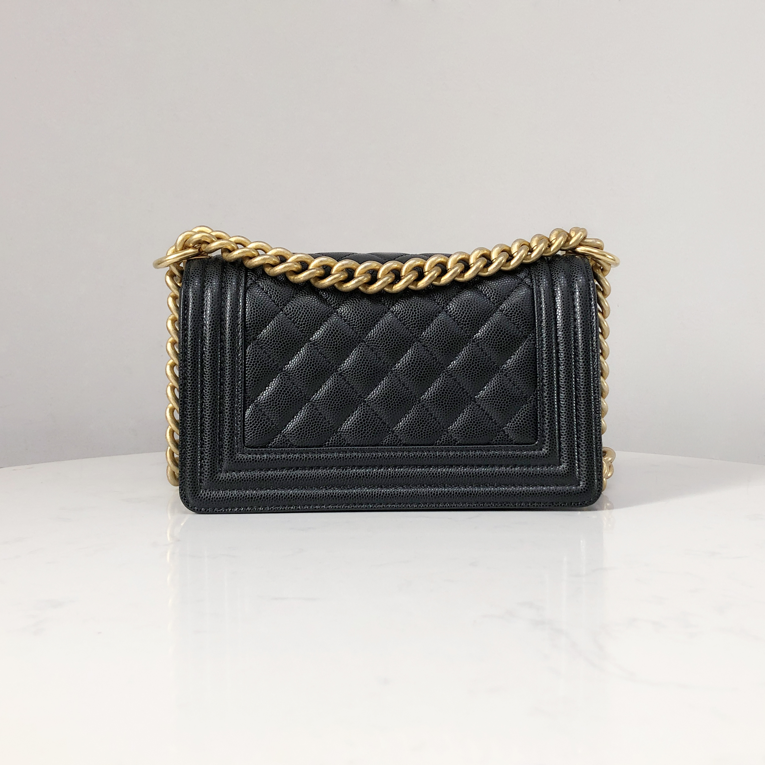 CHANEL Le Boy Small Black Caviar Leather with Gold Chain