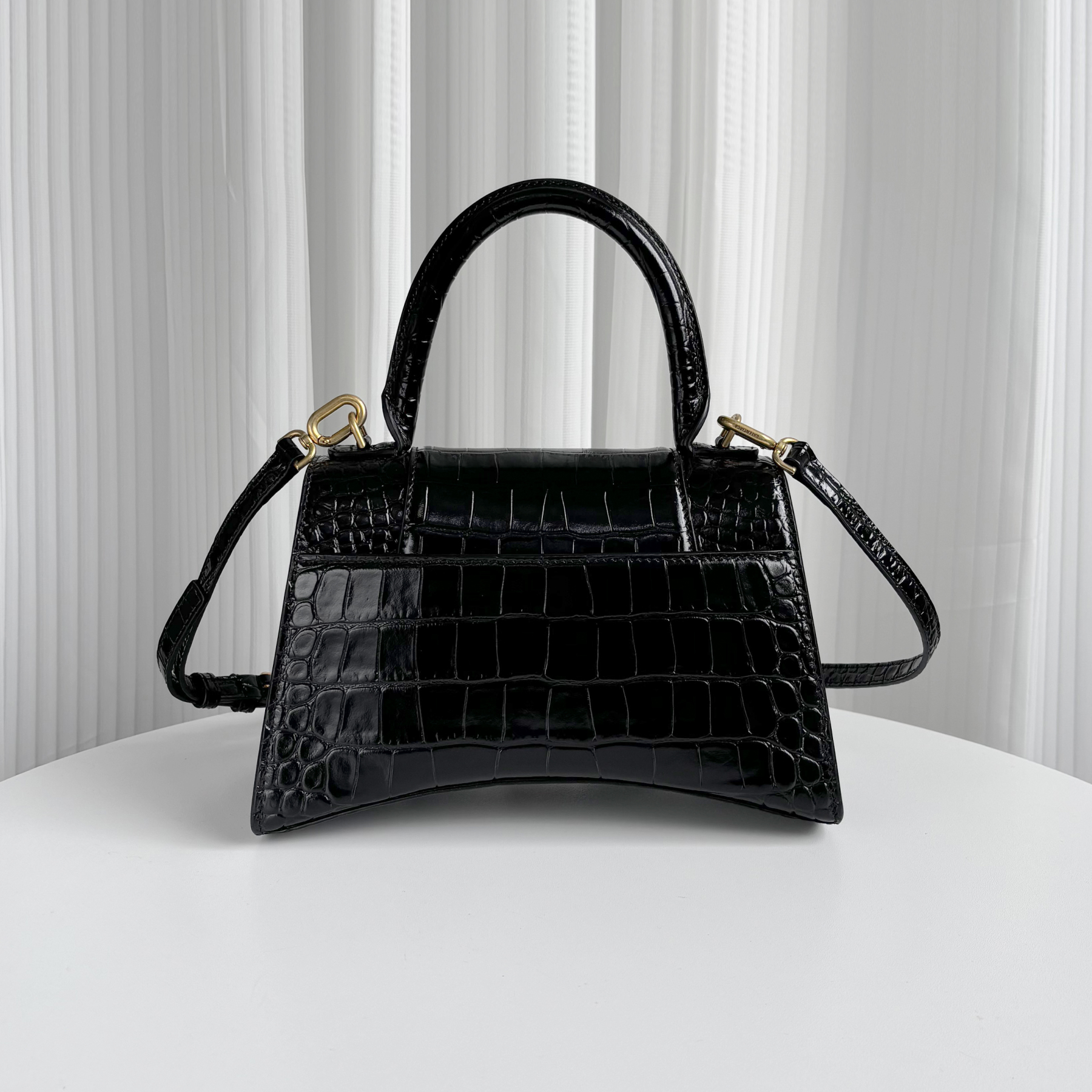 BALENCIAGA Black Croc-Embossed Hourglass S Top Handle Bag with Gold Hardware
