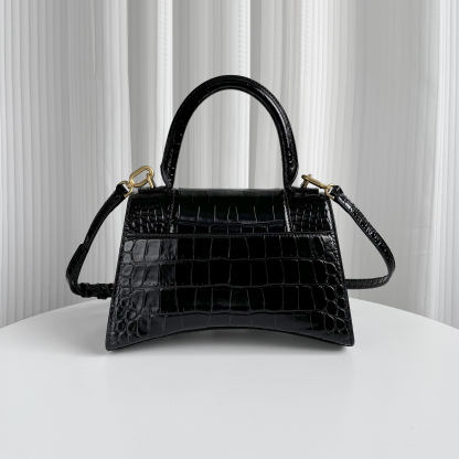 BALENCIAGA Black Croc-Embossed Hourglass S Top Handle Bag with Gold Hardware