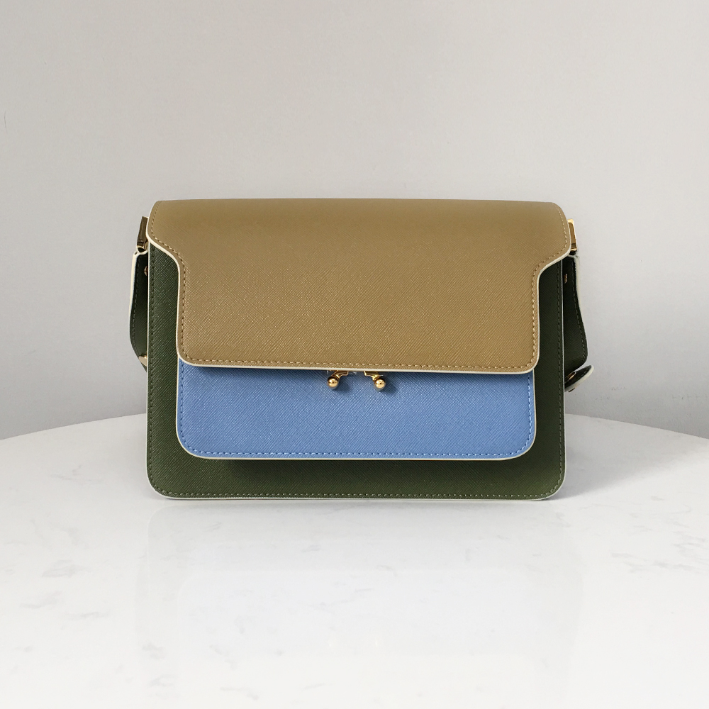 Marni Accordion Bag Medium, Earth Yellow with Dark Green and Sky Blue