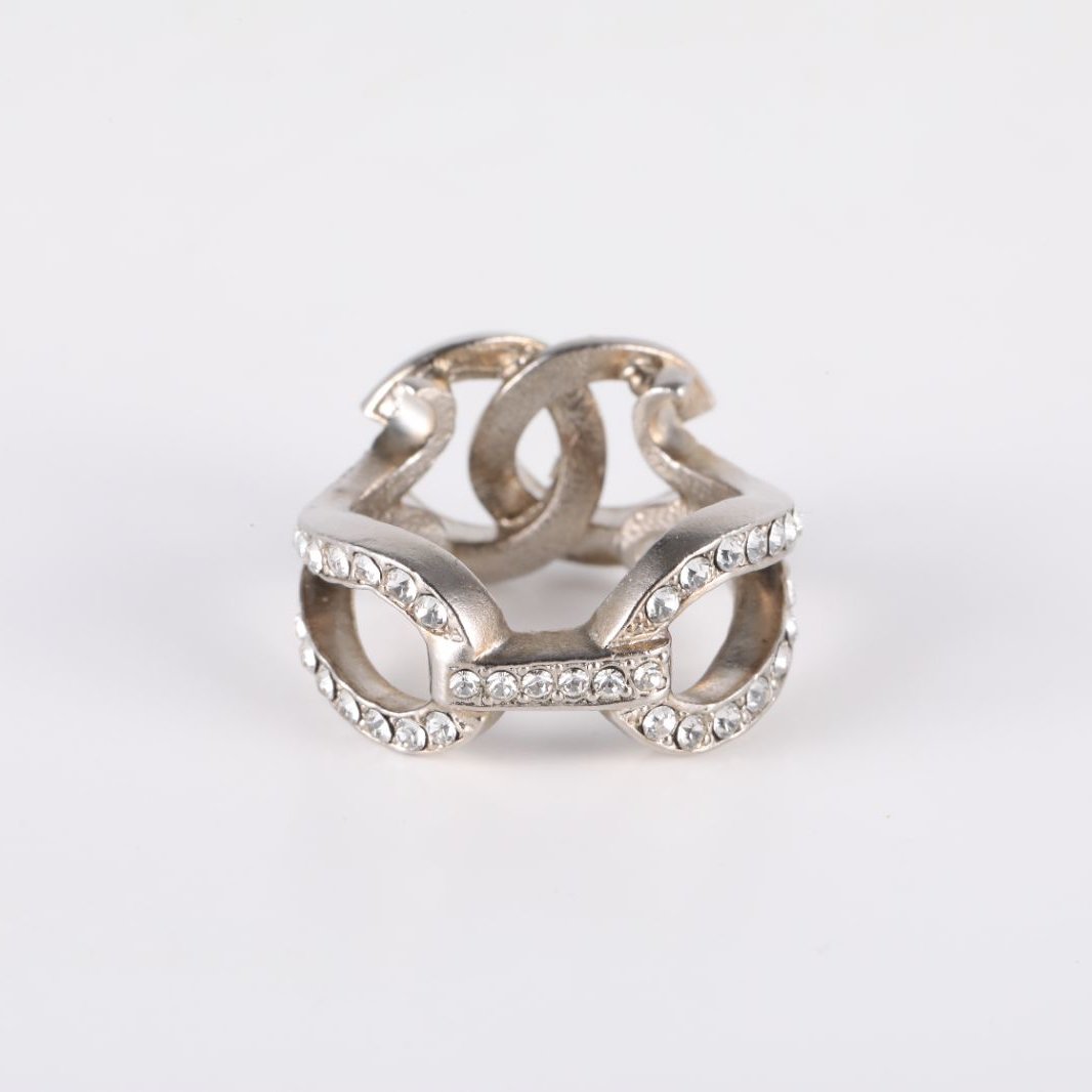 CHANEL 12A Double C Rhinestone Ring 52 Alloy-Hana Vintage