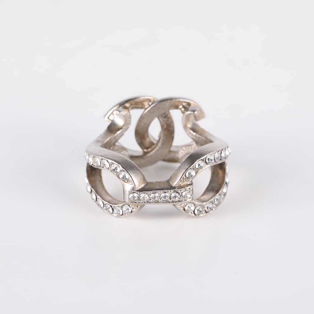 CHANEL 12A Double C Rhinestone Ring 52 Alloy-Hana Vintage