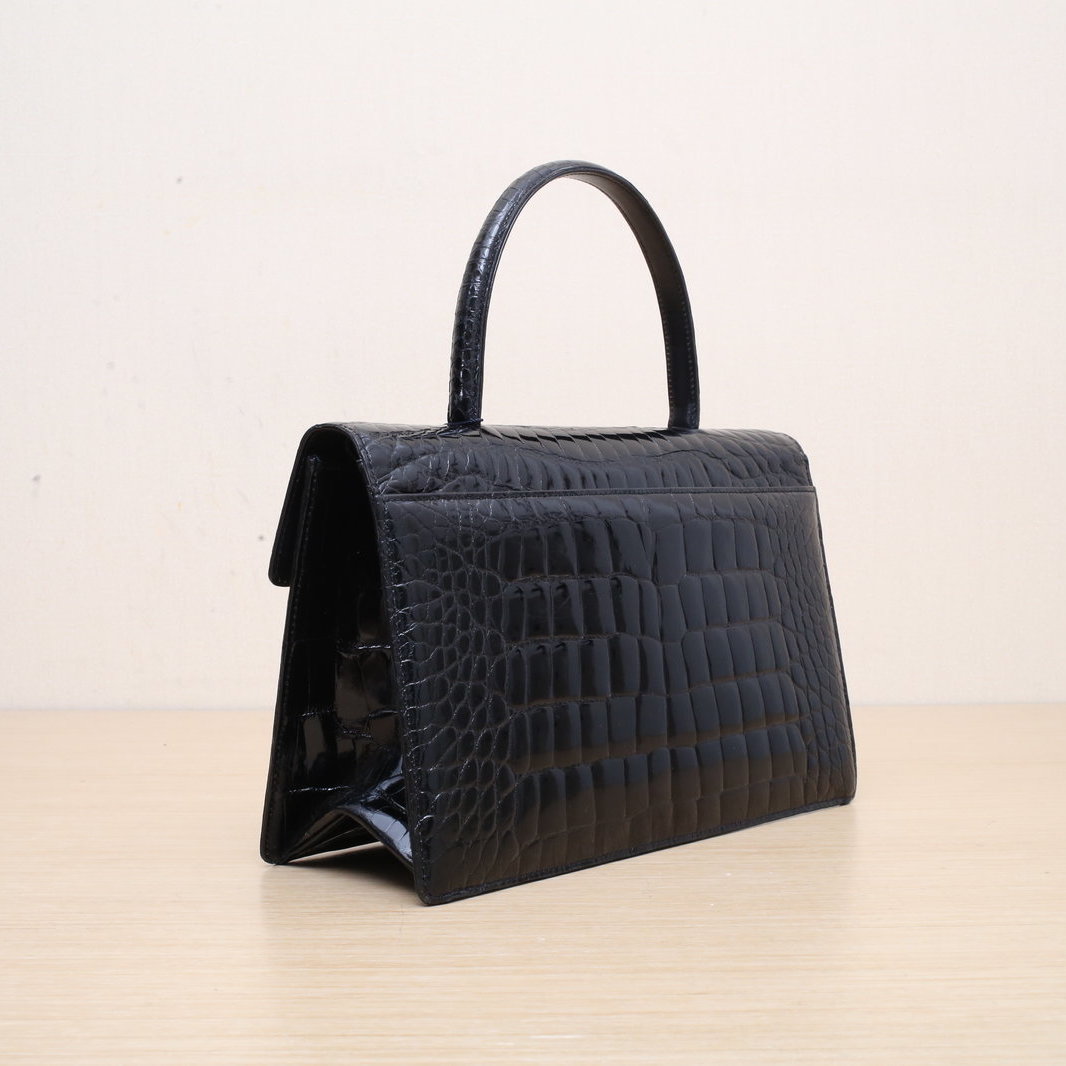*GIVENCHY Black Crocodile Leather Gold Hardware Handle Vintage Kelly Crocodile Shoulder Bag-Hana Vintage