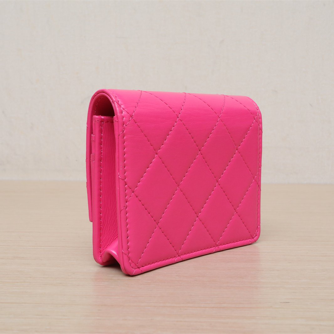 *CHANEL Magenta Laser Label Light Gold Hardware 2021 bag Wallet Card Holder-Hana Vintage