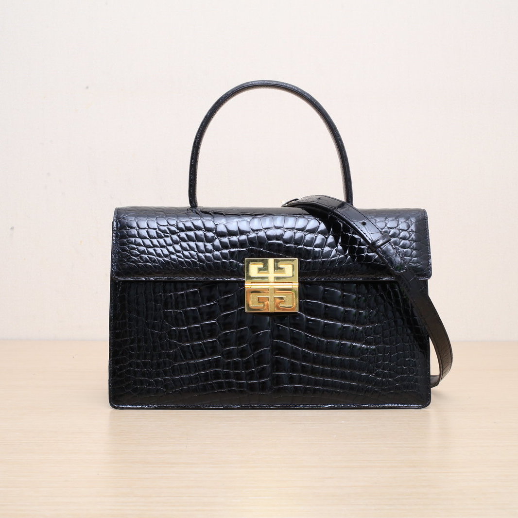 *GIVENCHY Black Crocodile Leather Gold Hardware Handle Vintage Kelly Crocodile Shoulder Bag-Hana Vintage