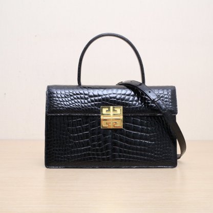 *GIVENCHY Black Crocodile Leather Gold Hardware Handle Vintage Kelly Crocodile Shoulder Bag-Hana Vintage