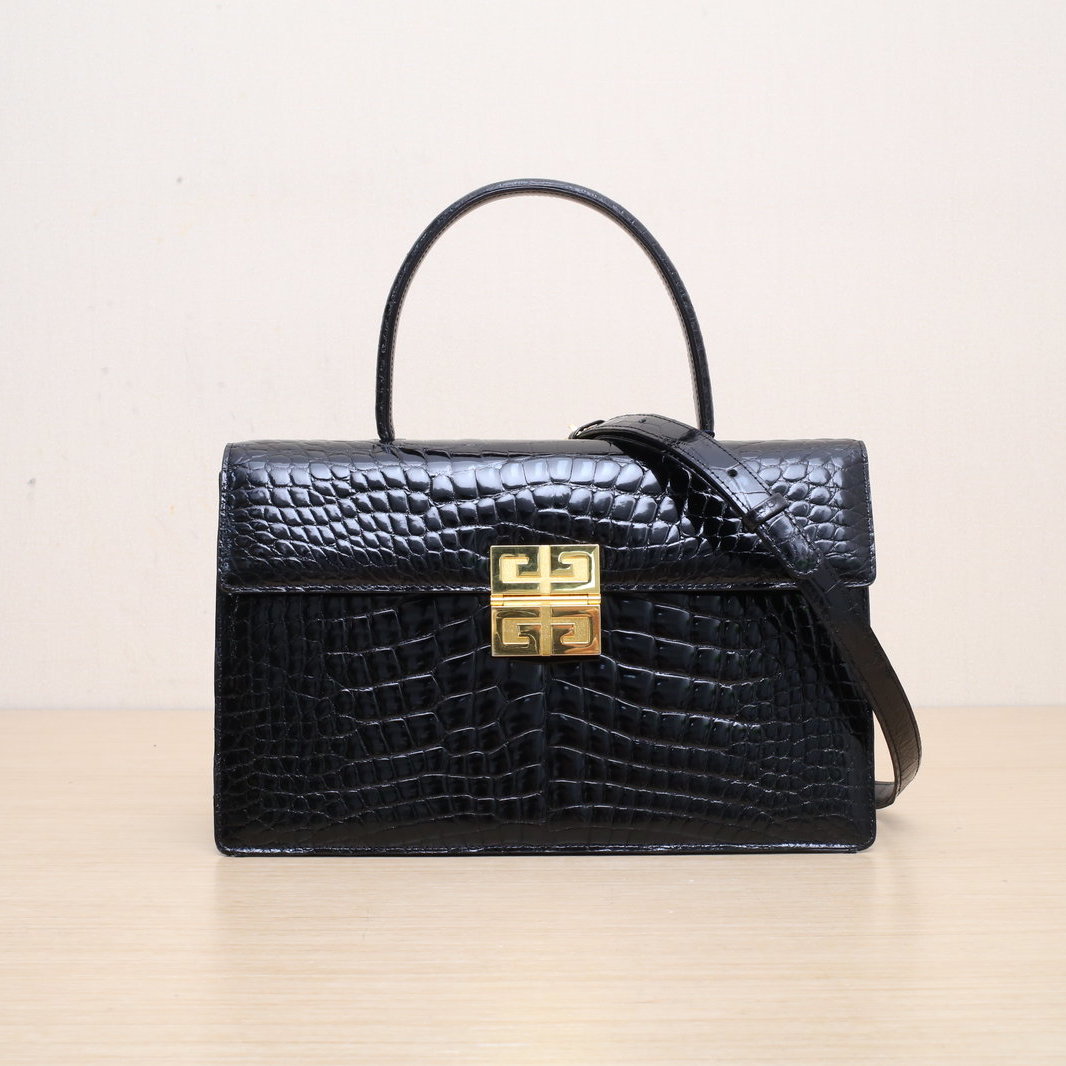 *GIVENCHY Black Crocodile Leather Gold Hardware Handle Vintage Kelly Crocodile Shoulder Bag-Hana Vintage