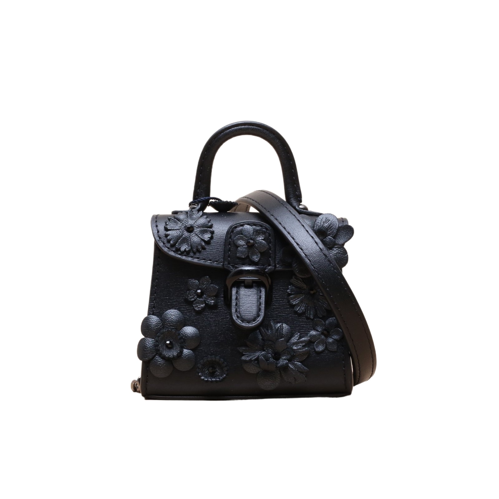 DELVAUX Black Leather C Brillant Ultra Mini Embroidered Flower Studded Charm Crossbody Bag
