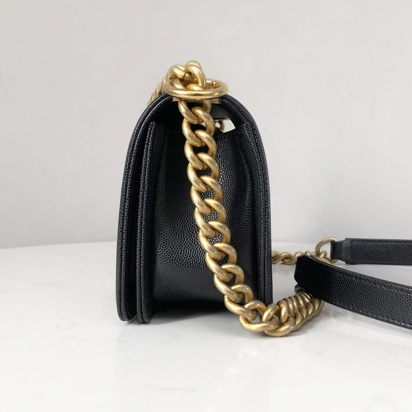 CHANEL Le Boy Small Black Caviar Leather with Gold Chain