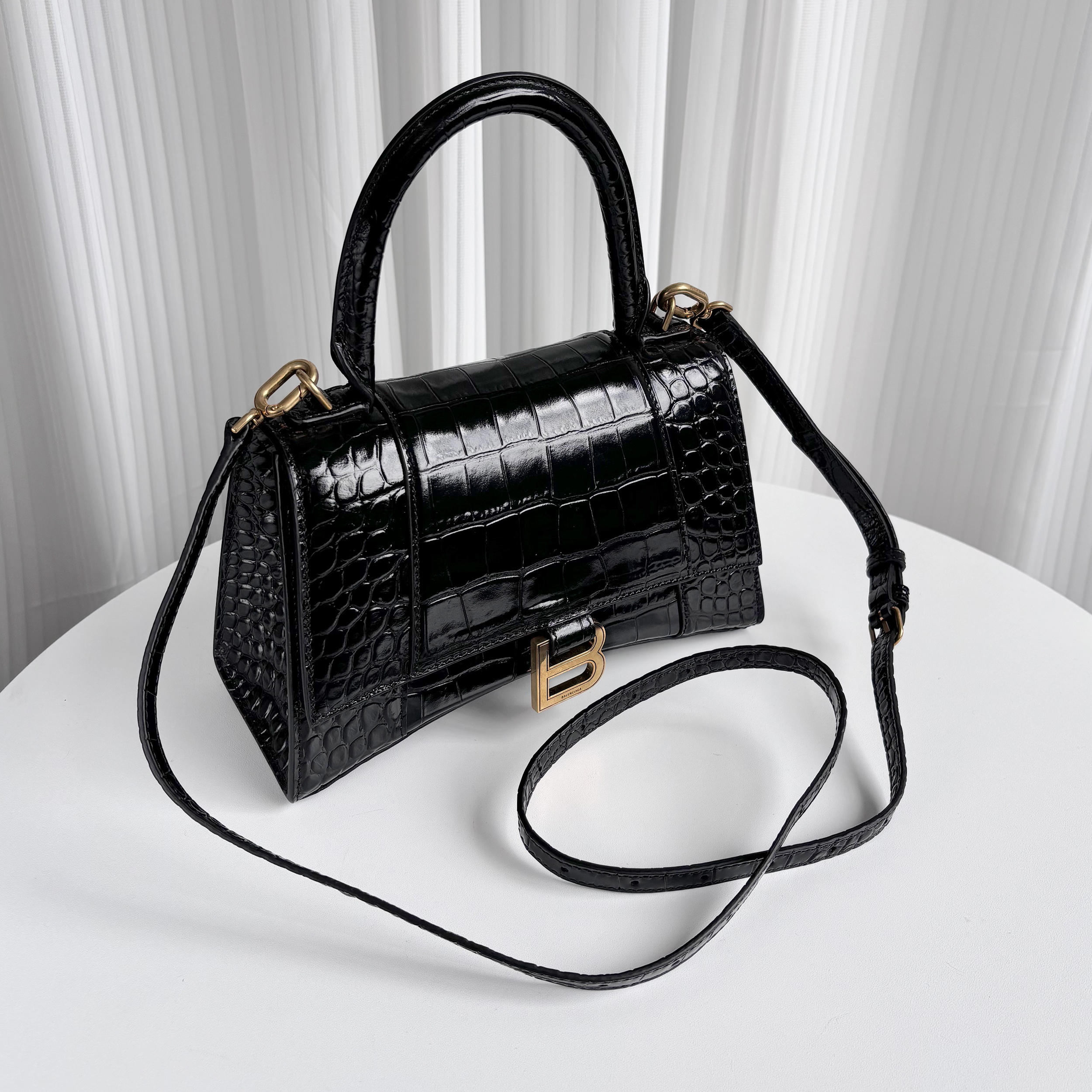 BALENCIAGA Black Croc-Embossed Hourglass S Top Handle Bag with Gold Hardware