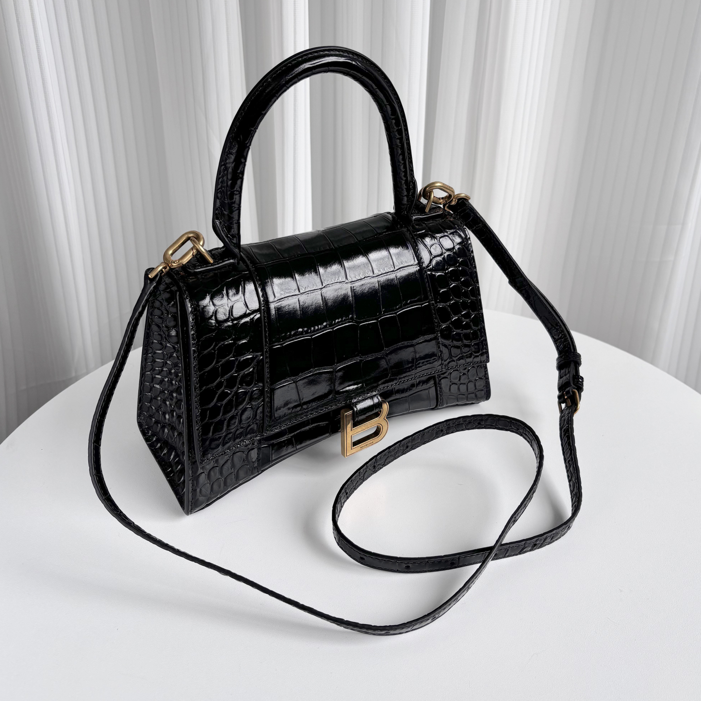 BALENCIAGA Black Croc-Embossed Hourglass S Top Handle Bag with Gold Hardware
