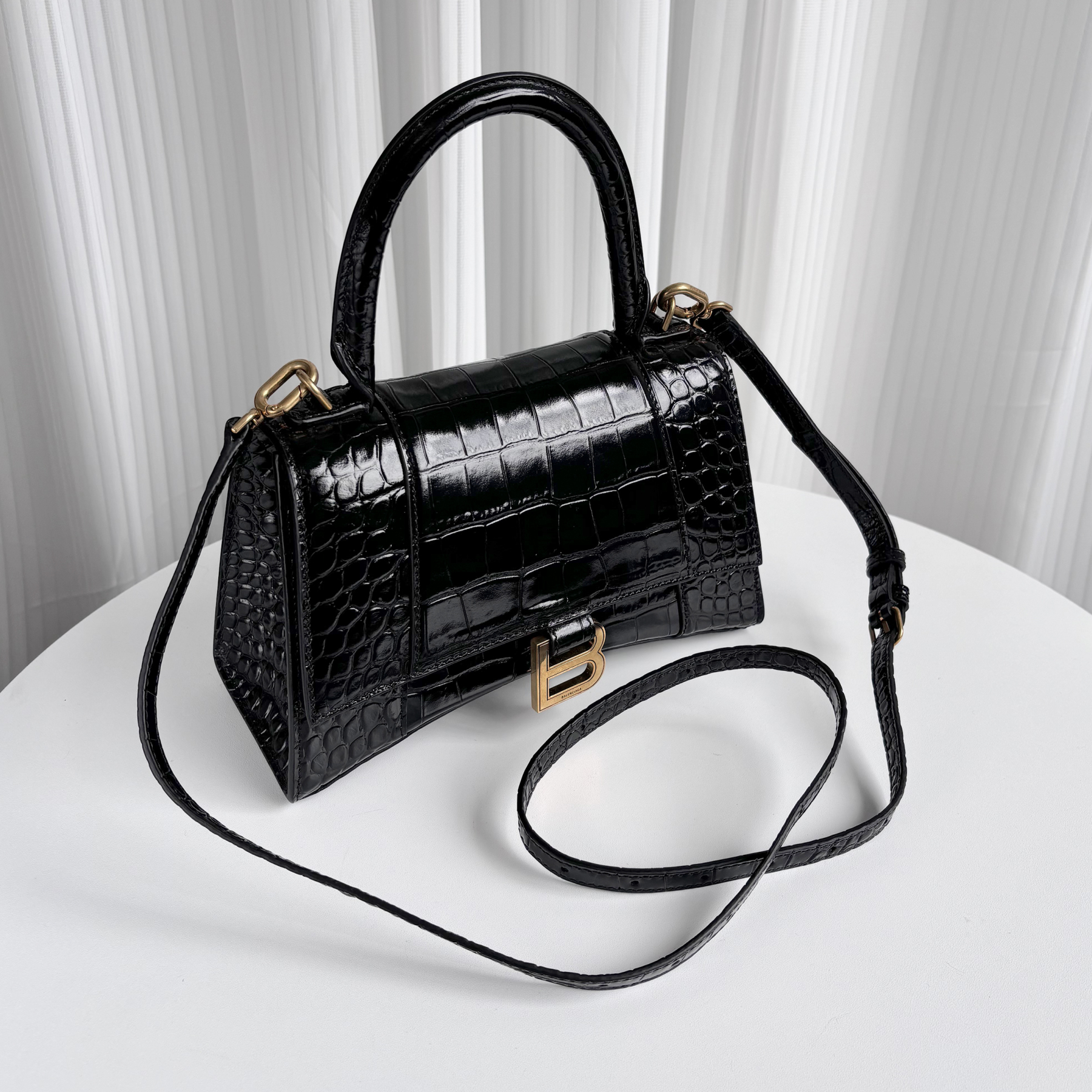 BALENCIAGA Black Croc-Embossed Hourglass S Top Handle Bag with Gold Hardware