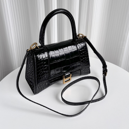 BALENCIAGA Black Croc-Embossed Hourglass S Top Handle Bag with Gold Hardware