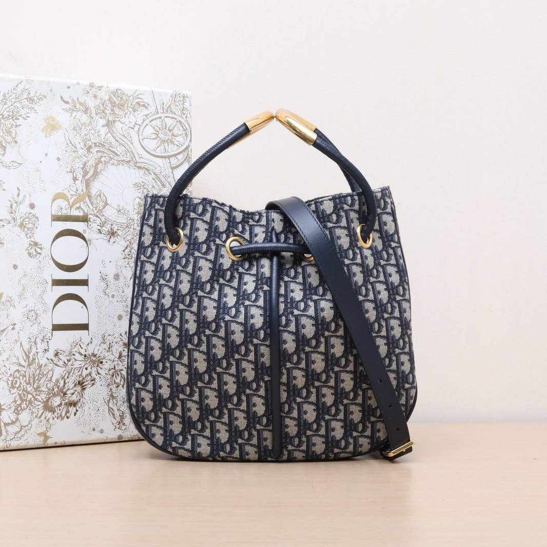 DIOR Ink blue canvas, gold hardware, 2024 Bucket Bag Nolita, Hanging Basket Bag with detachable shoulder strap