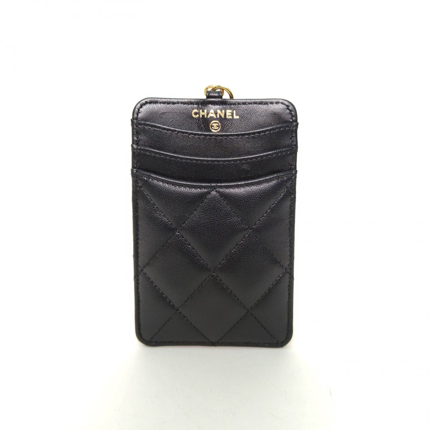 *CHANEL Black Laser Label Gold Hardware coco casino Heart Card Holder with Chain-Hana Vintage