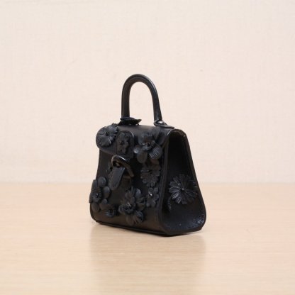 DELVAUX Black Leather C Brillant Ultra Mini Embroidered Flower Studded Charm Crossbody Bag