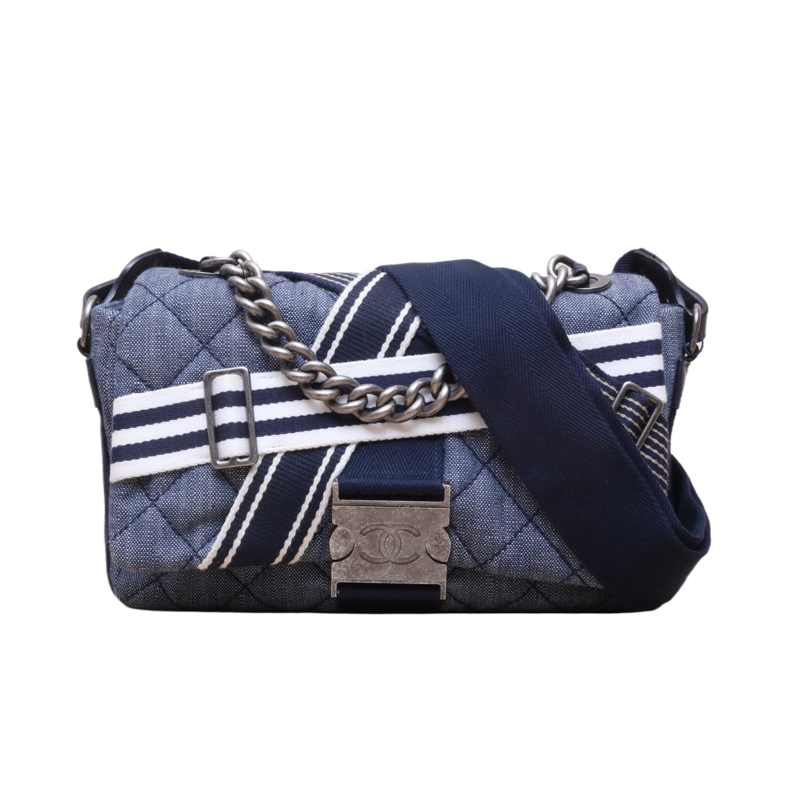 CHANEL Blue Denim 2017 Silver Hardware Runway Style Airport Bag-Hana Vintage