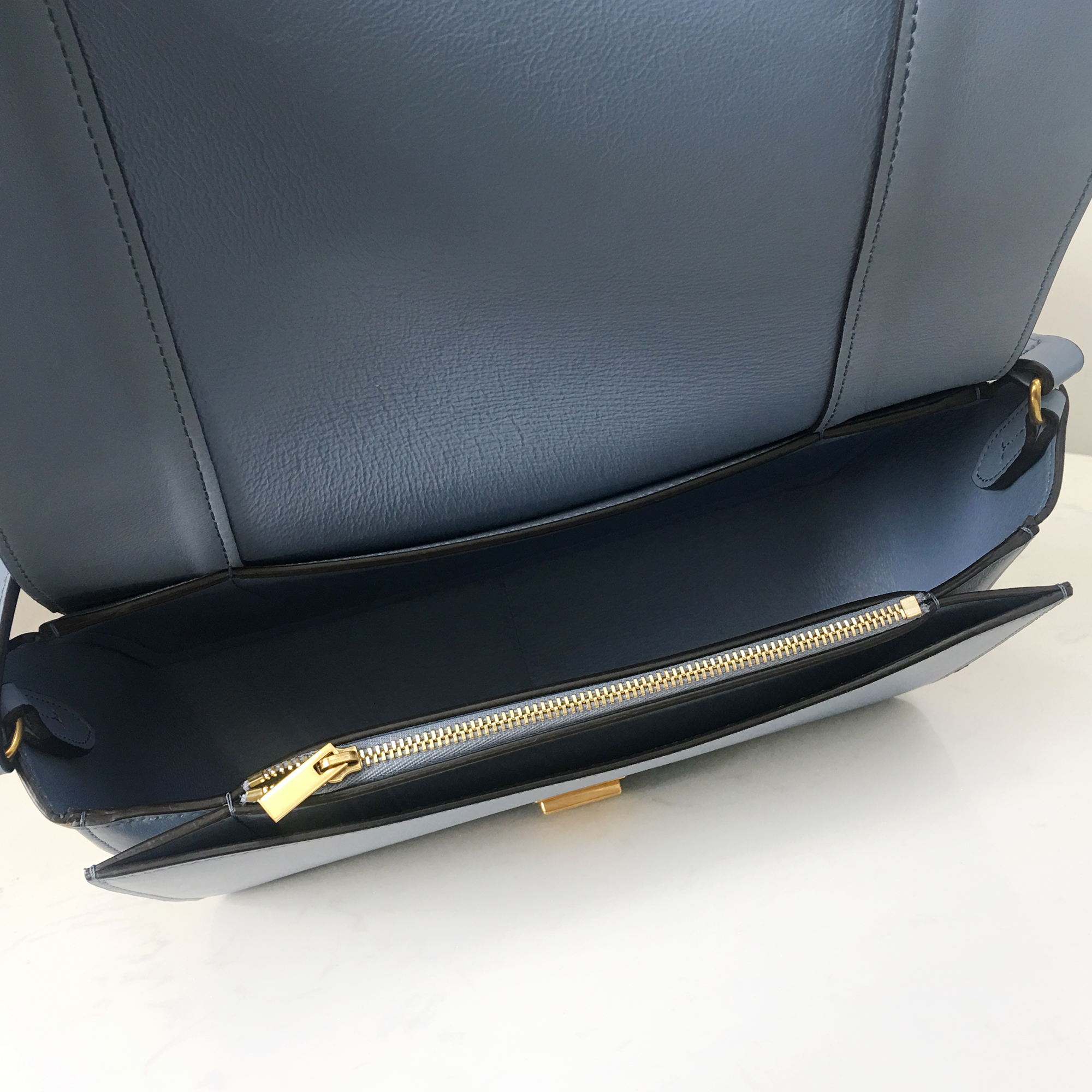 Celine Frame Bag with Wide Strap in Pearlescent Blue and Elephant Gray
