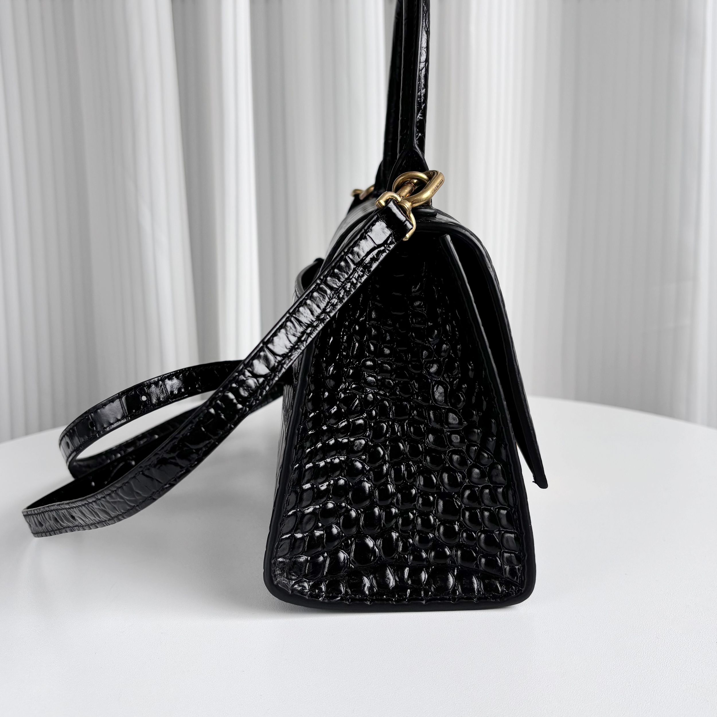 BALENCIAGA Black Croc-Embossed Hourglass S Top Handle Bag with Gold Hardware