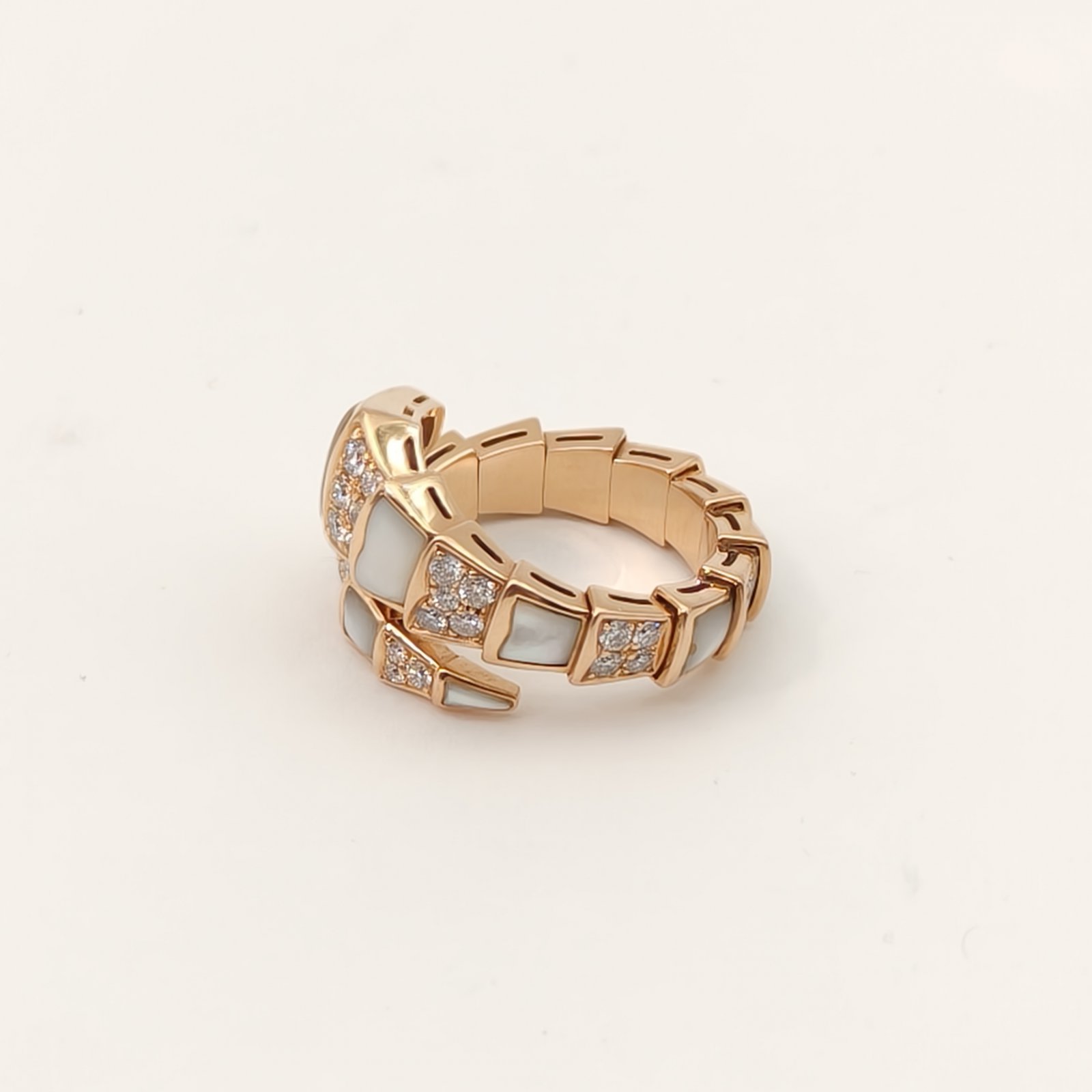 BVLGARI Rose Gold Serpenti Mother of Pearl Diamond Inset Wide Band Snake Ring L 18K 18K Rose Gold,Diamond,Mother of Pearl-Hana Vintage