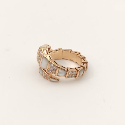 BVLGARI Rose Gold Serpenti Mother of Pearl Diamond Inset Wide Band Snake Ring L 18K 18K Rose Gold,Diamond,Mother of Pearl-Hana Vintage