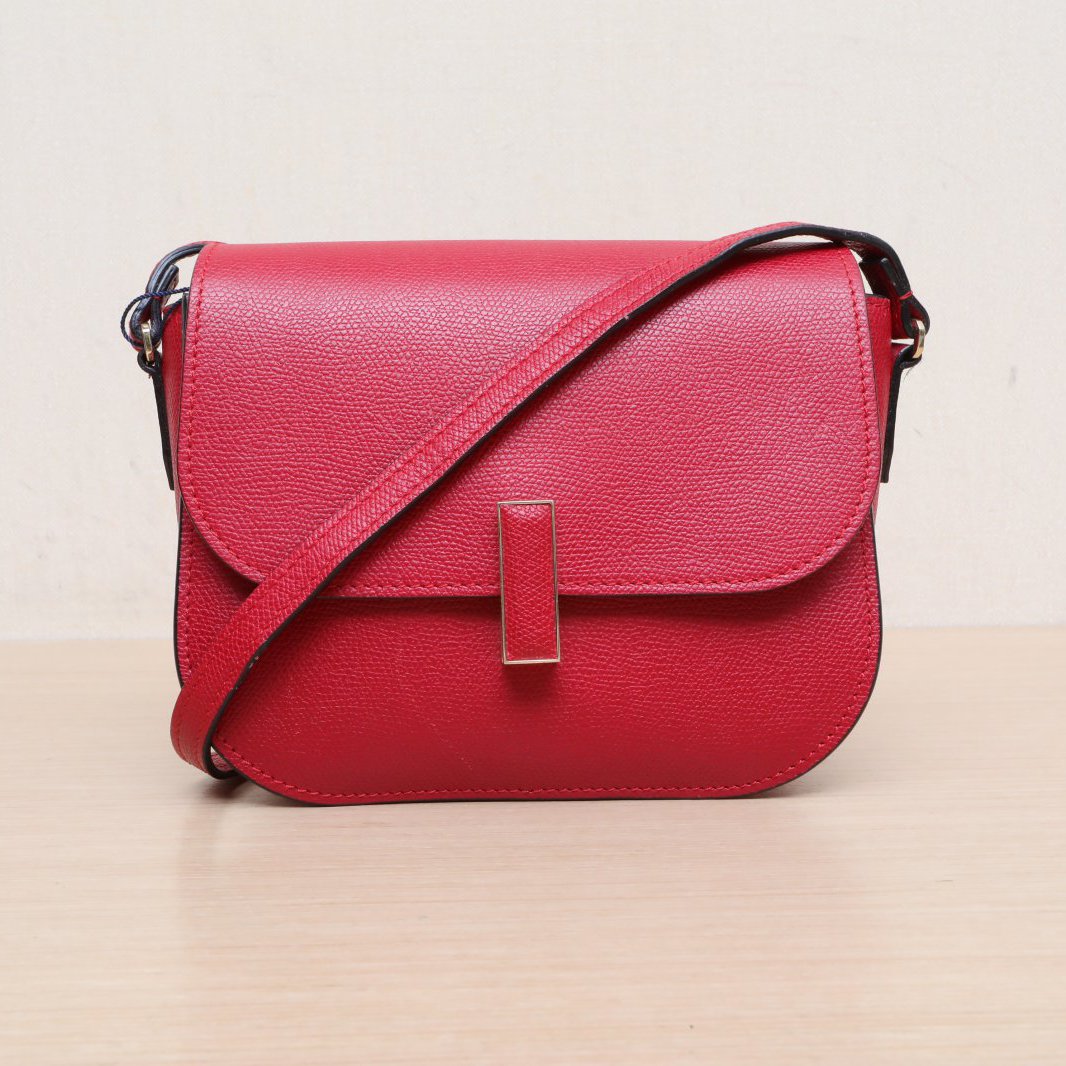 *Valextra Red Leather C Brushed Gold Hardware Iside Embossed Saddle Bag 20cm Shoulder Bag-Hana Vintage