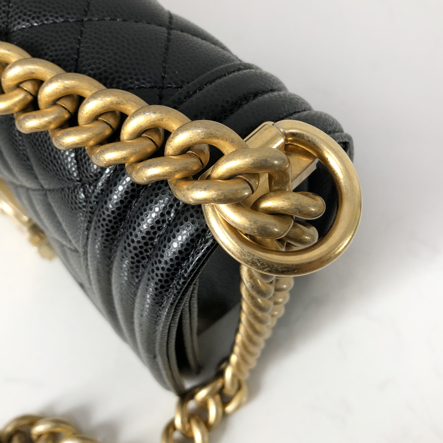 CHANEL Le Boy Small Black Caviar Leather with Gold Chain