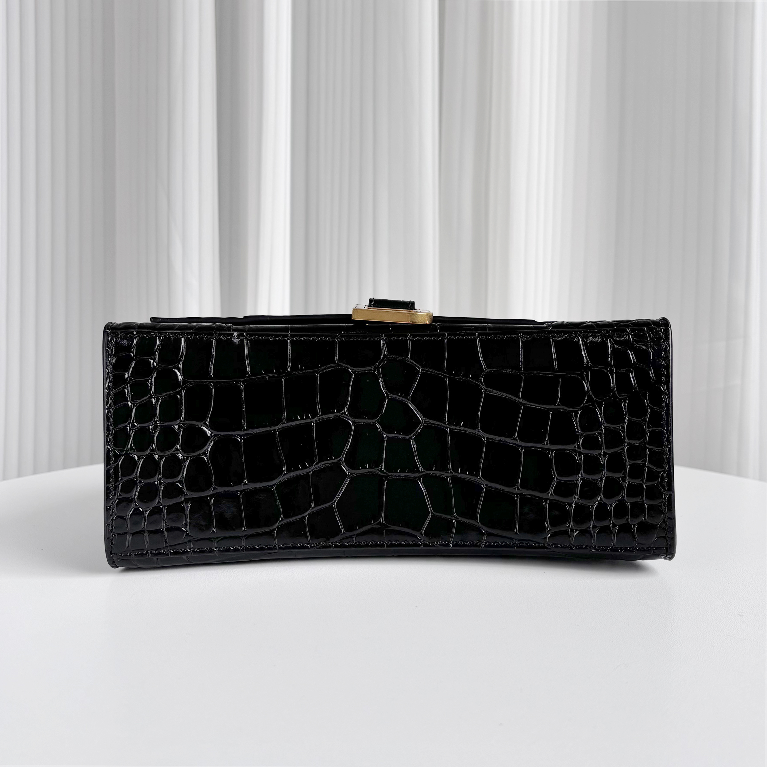 BALENCIAGA Black Croc-Embossed Hourglass S Top Handle Bag with Gold Hardware