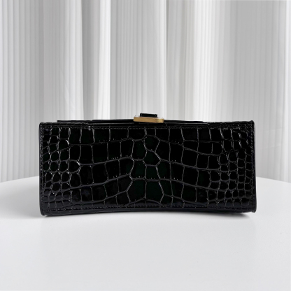 BALENCIAGA Black Croc-Embossed Hourglass S Top Handle Bag with Gold Hardware