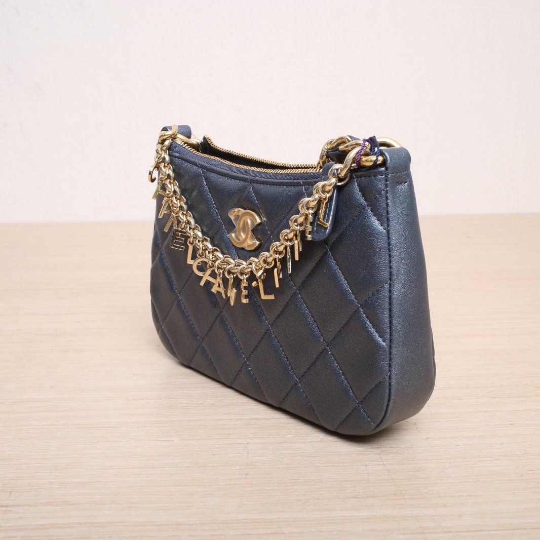 CHANEL Grey Leather S Laser Label Gold Hardware Pearlescent Grey 24P Quilted Pattern Logo Letter Chain Hobo Shoulder Bag