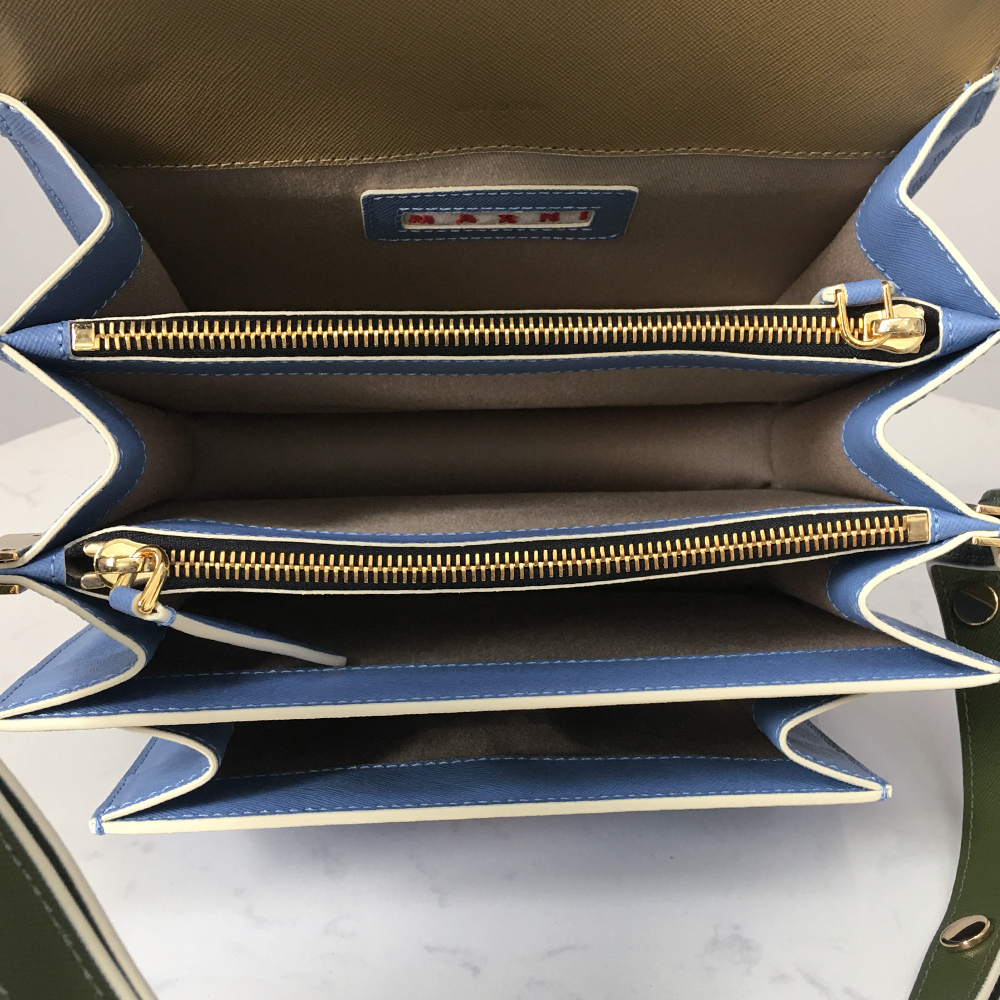 Marni Accordion Bag Medium, Earth Yellow with Dark Green and Sky Blue