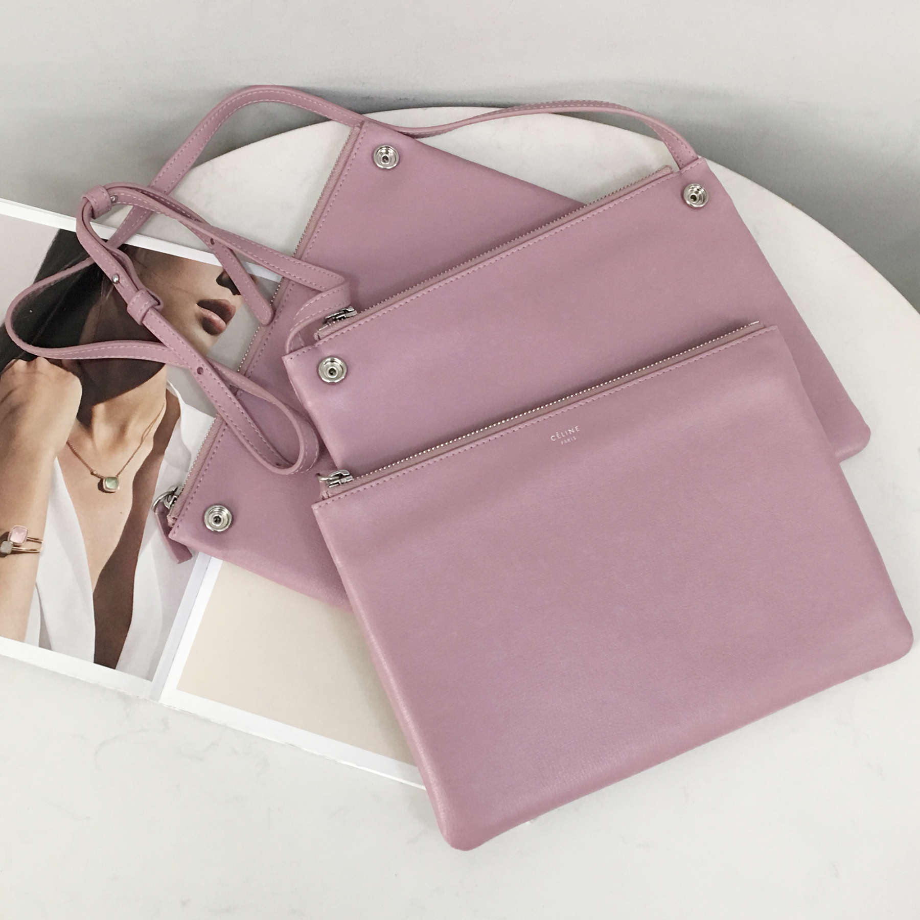 Celine Large Tri-Fold Bag in Rose Pink Woodgrain