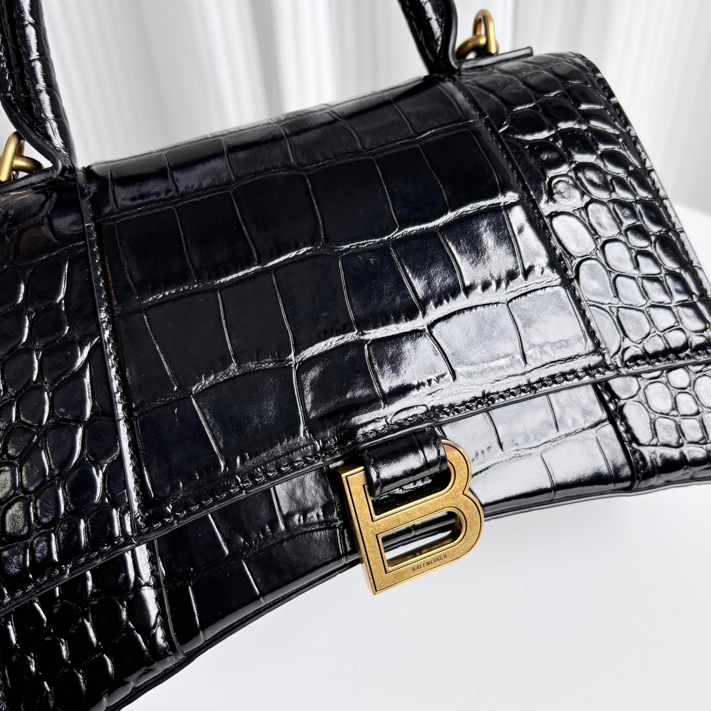 BALENCIAGA Black Croc-Embossed Hourglass S Top Handle Bag with Gold Hardware