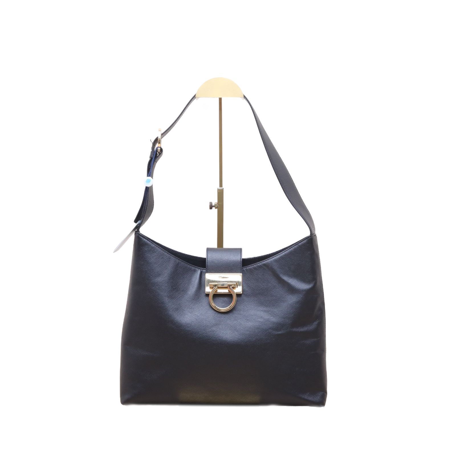 *Salvatore Ferragamo Black Cross-grain Horsehoe Buckle Shoulder Bag-Hana Vintage