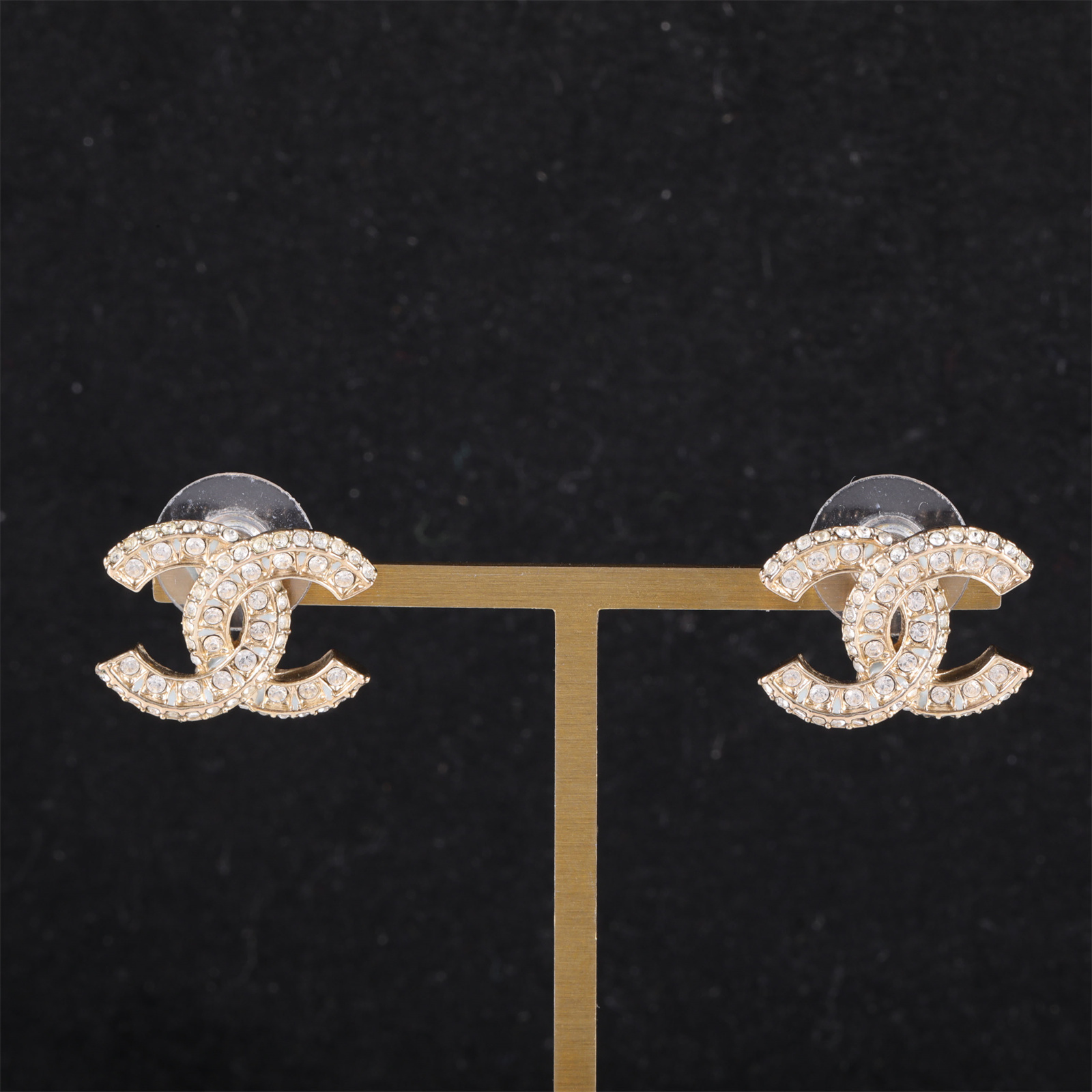 CHANEL Golden Wheat Spiral Large Double C Rhinestone Earrings Alloy