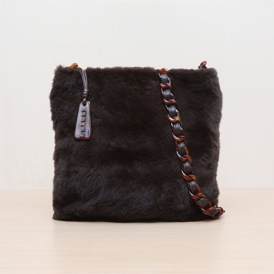 *CHANEL Brown  1999 Black Hardware Vintage Rabbit Fur and Tortoise Shell Medium Crossbody Bag 30*30-Hana Vintage