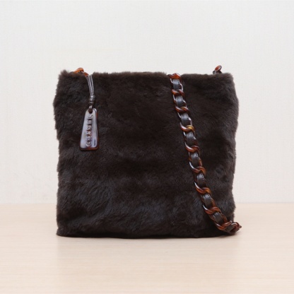 *CHANEL Brown  1999 Black Hardware Vintage Rabbit Fur and Tortoise Shell Medium Crossbody Bag 30*30-Hana Vintage