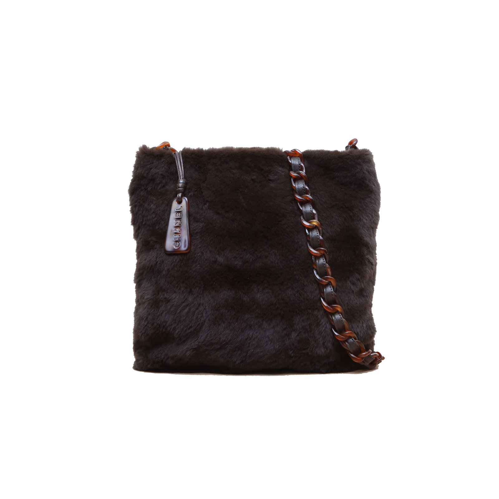 *CHANEL Brown  1999 Black Hardware Vintage Rabbit Fur and Tortoise Shell Medium Crossbody Bag 30*30-Hana Vintage