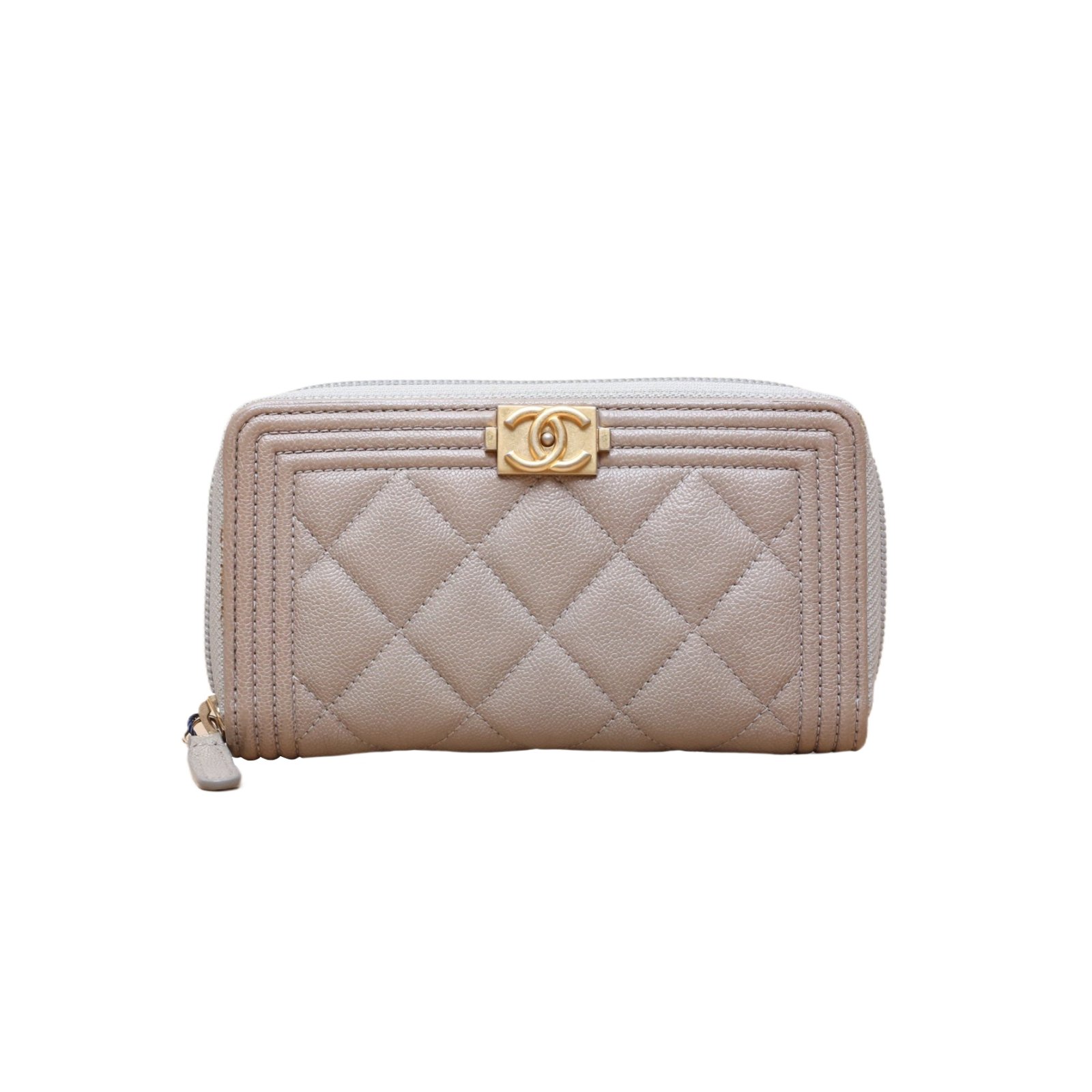 *CHANEL Grey, 2019, Gold Hardware, Leboy Zip Short Wallet, Card Holder-Hana Vintage