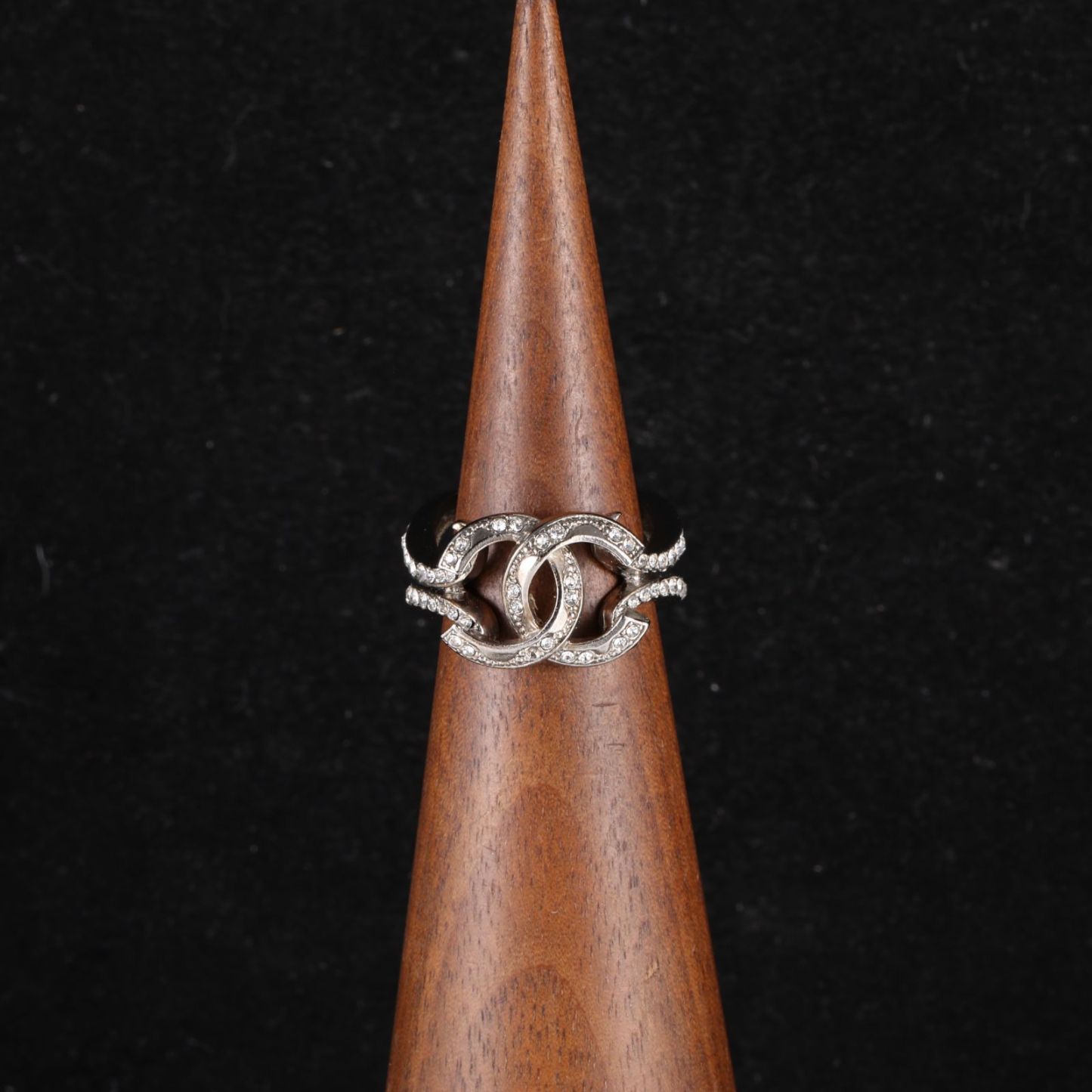 CHANEL 12A Double C Rhinestone Ring 52 Alloy-Hana Vintage