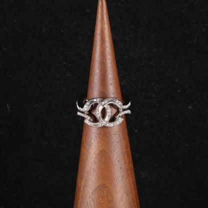 CHANEL 12A Double C Rhinestone Ring 52 Alloy-Hana Vintage