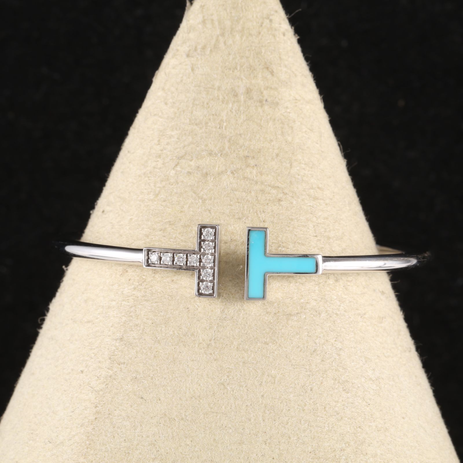 TIFFANY&CO Tiffany T Coil Bracelet Medium Size Half Diamond 18K White Gold,Diamond,Turquoise-Hana Vintage