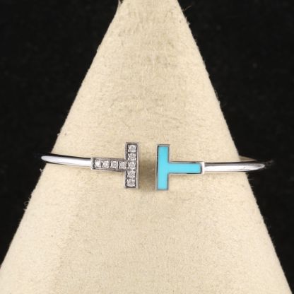 TIFFANY&CO Tiffany T Coil Bracelet Medium Size Half Diamond 18K White Gold,Diamond,Turquoise-Hana Vintage