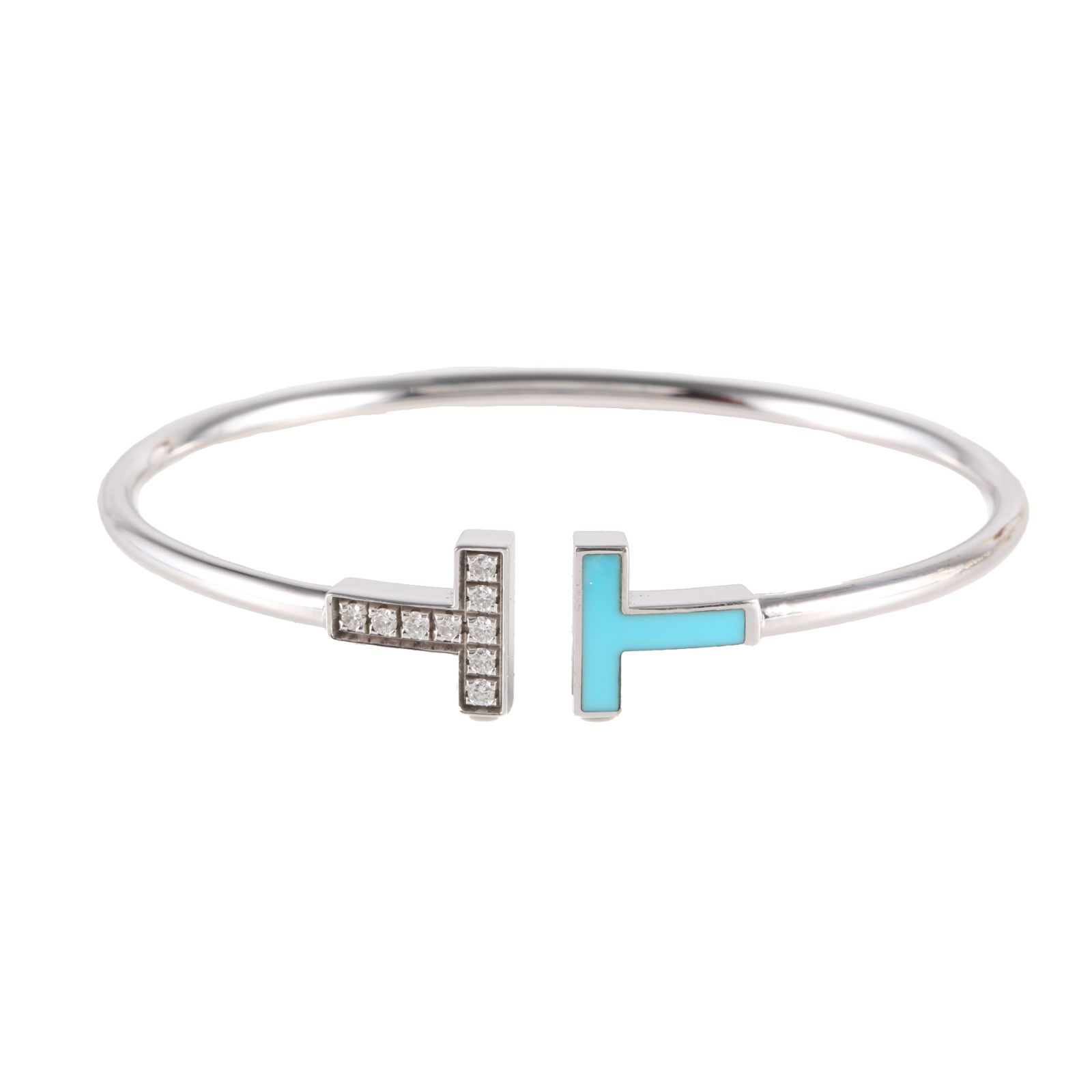 TIFFANY&CO Tiffany T Coil Bracelet Medium Size Half Diamond 18K White Gold,Diamond,Turquoise-Hana Vintage
