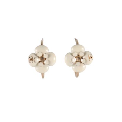 CHANEL 10P White Camellia Enamel Earrings Alloy
