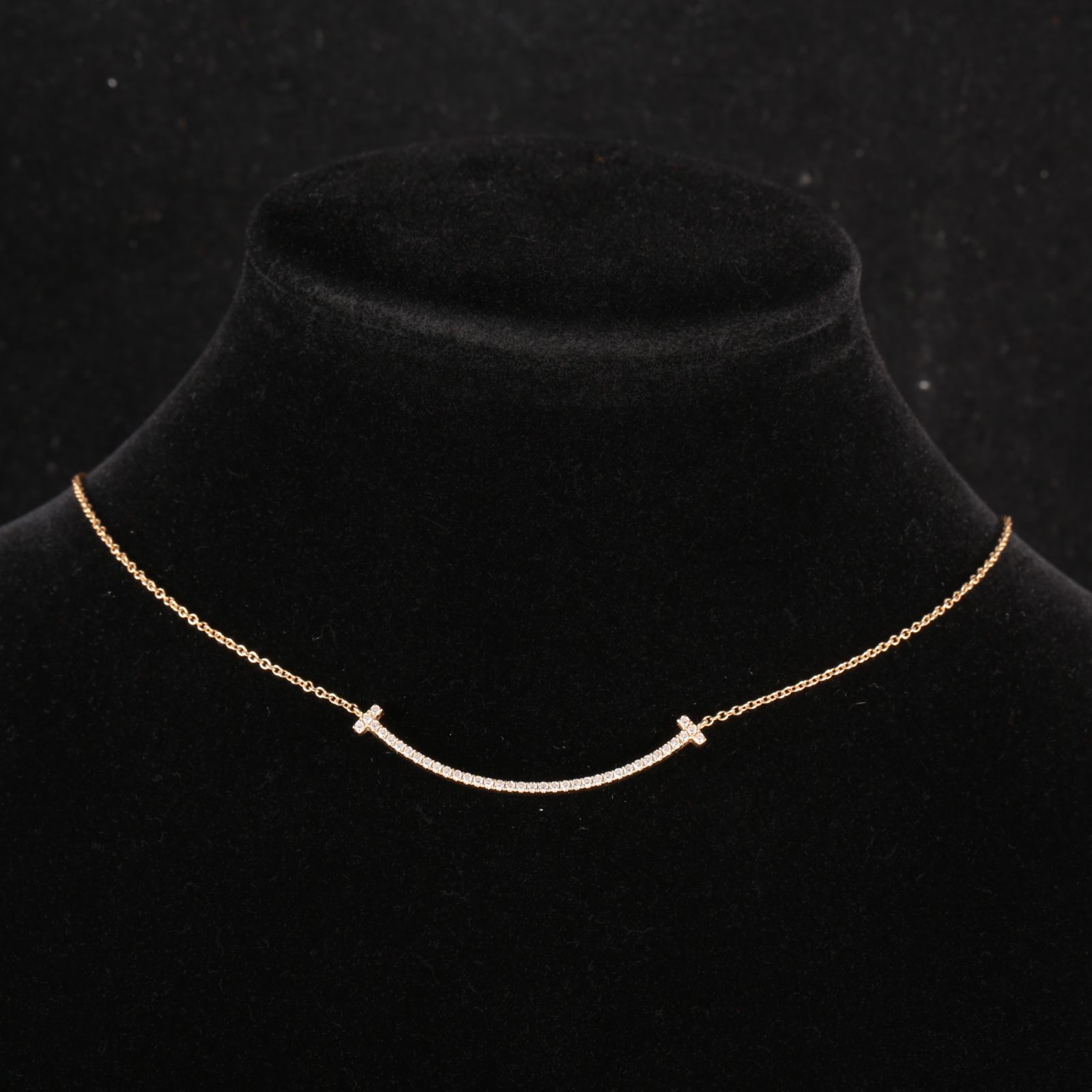 TIFFANY&CO Tiffany T Smile Necklace Small Size Full Diamonds 18K Rose Gold,Diamond-Hana Vintage