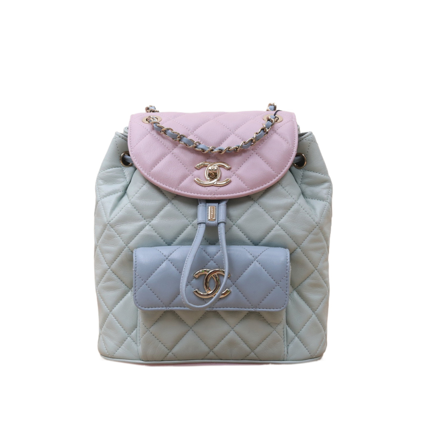 *CHANEL Color-blocked 2020 Gold-tone Hardware Duma Drawstring Flap Backpack with Single Pocket, Medium, 22cm-Hana Vintage