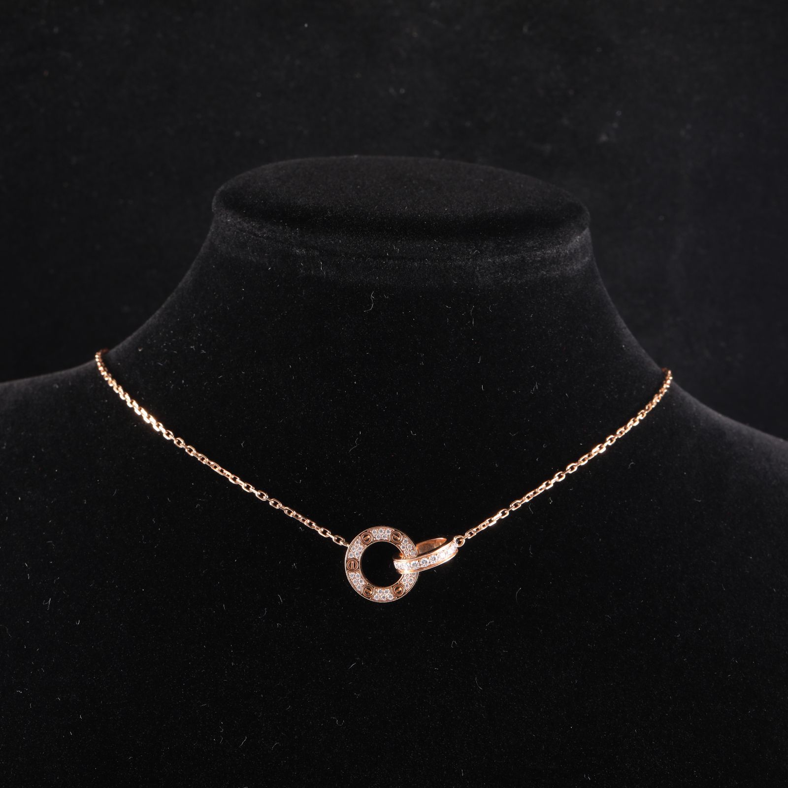 CARTIER LOVE Double Loop Full Diamond Necklace Disc Ring Combination 18K Rose Gold,Diamond-Hana Vintage